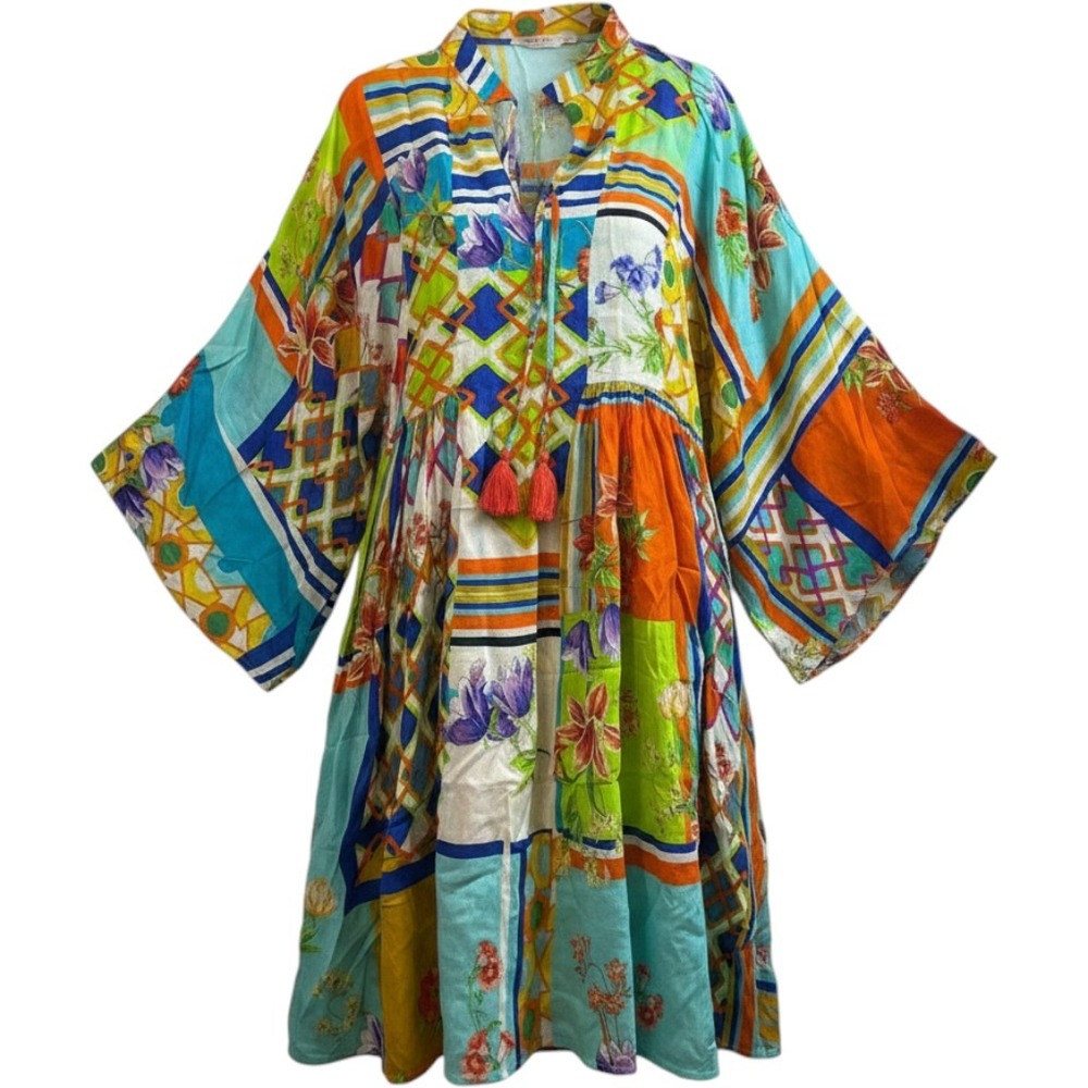 Johnny Was California Patchwork Floral Mini Dress XS Multicolor Tassel Boho